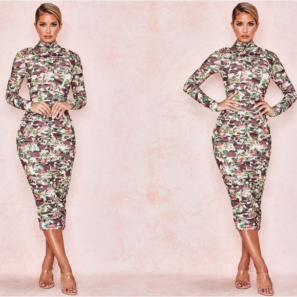 HOUSE OF CB 'Roseanne' Vintage Floral Ruched Midi Dress NWOT - Picture 4 of 5